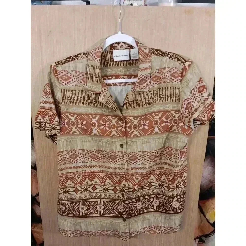 Alfred Dunner Women's (L) Brown/Tan‎ Southwest Design Button-Up Top Short Sleeve